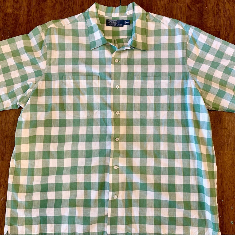 Ralph Lauren Green and White Check Loop Collar Men's Shirt